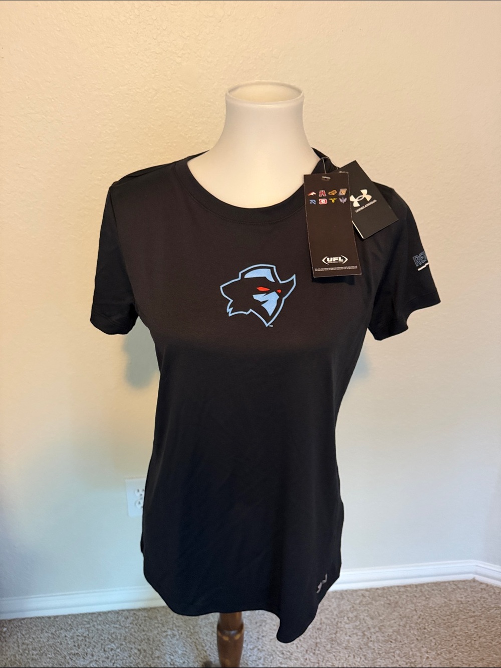 Under Armour Women's Black Tee with Light Blue & Red Logo